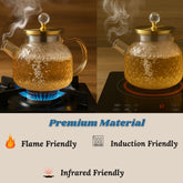 LA' VITE 1L Borosilicate Glass Kettle – Heat-Proof | Golden Stainless Steel Lid | Crystal Knob | 304 SS Strainer | Flame, Induction & Microwave Safe